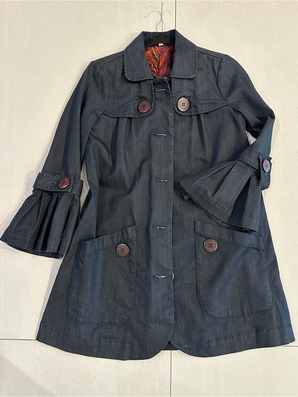 7 For All Mankind Dark Gray Button-Front Trench Coat with Pleated Cuffs